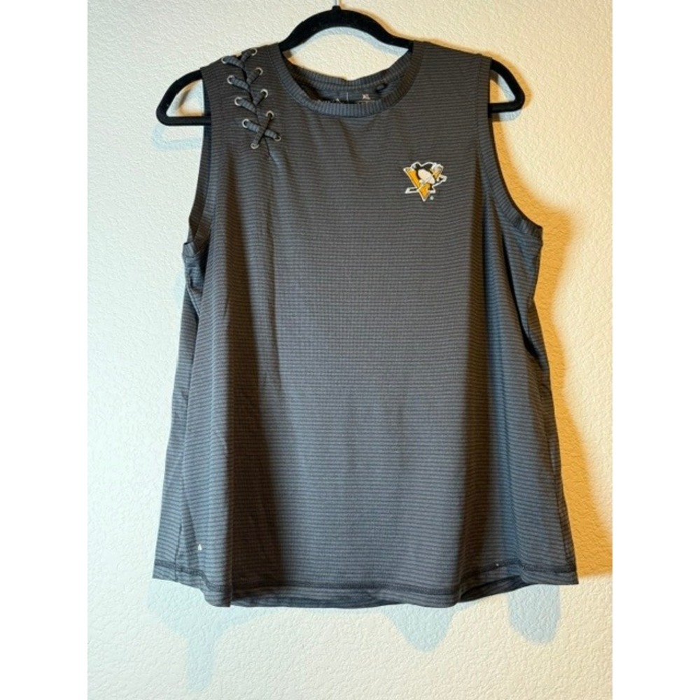 Antigua Pittsburgh Penguins NHL Tank Top Womens XL Gray Striped Lace Up Shoulder